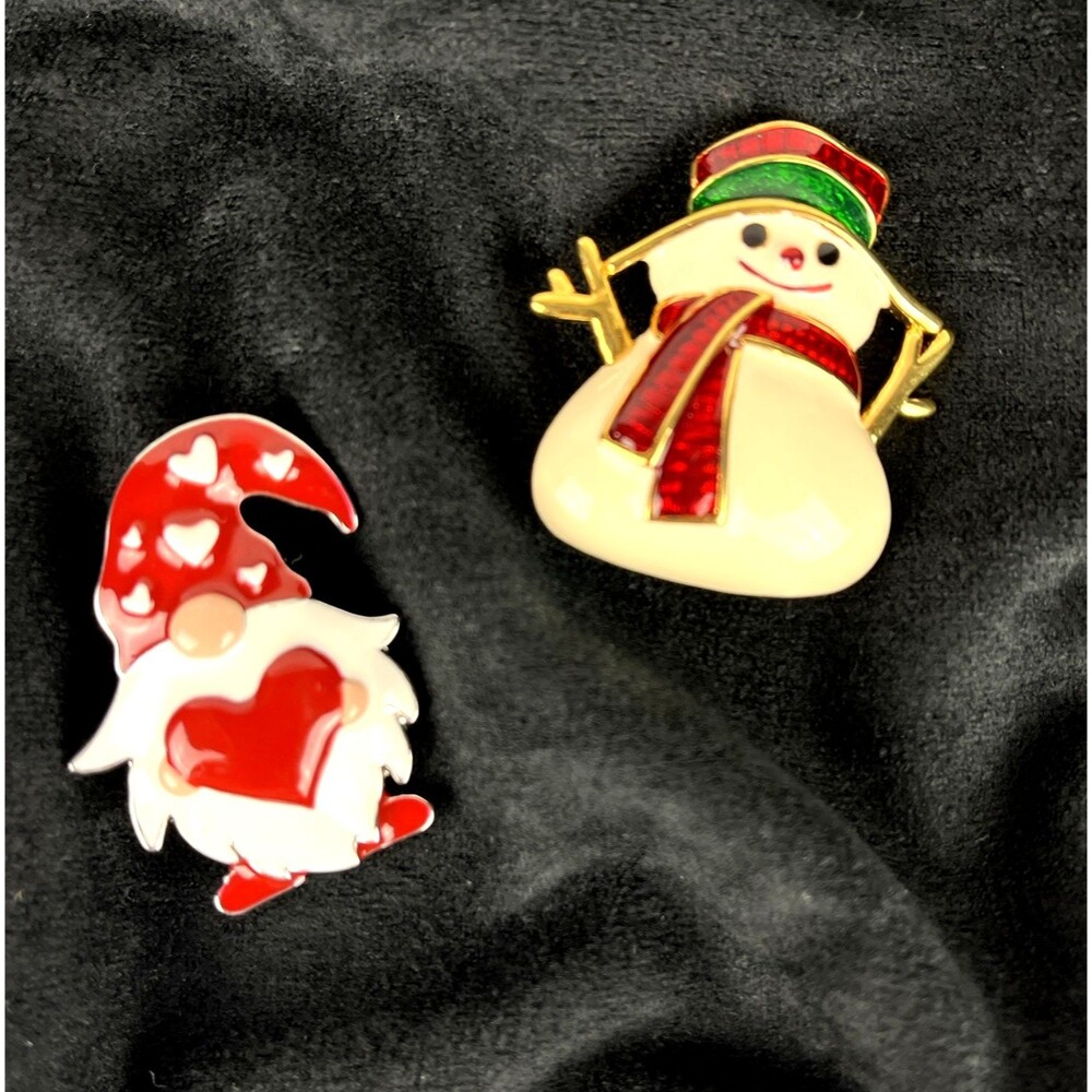 2 Christmas Holiday Enamel Brooches Whimsical Heart Gnome & Snowman